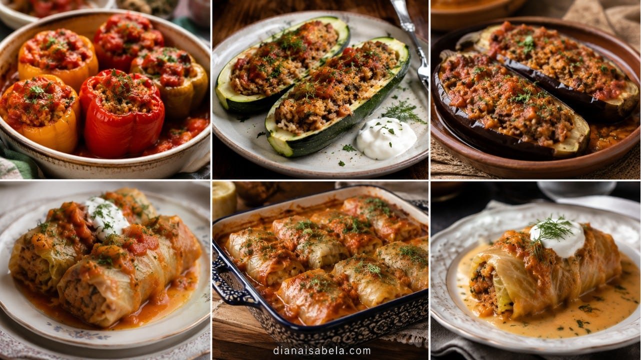 Stuffed peppers, zucchini, eggplants and cabbage rolls served with tomato sauce, sour cream and herbs.