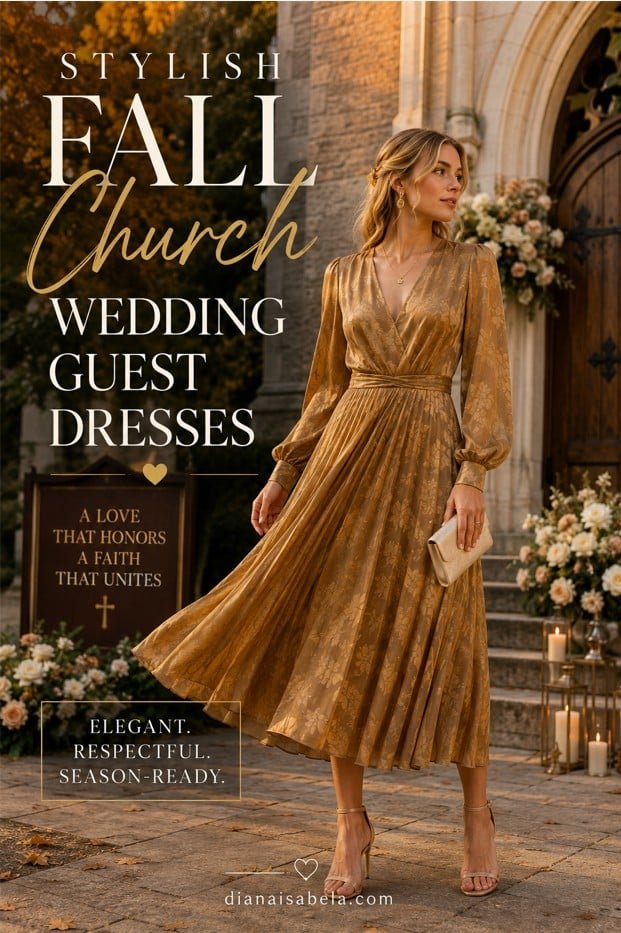 Elegant woman in a gold long-sleeve midi dress outside a decorated church for a fall wedding