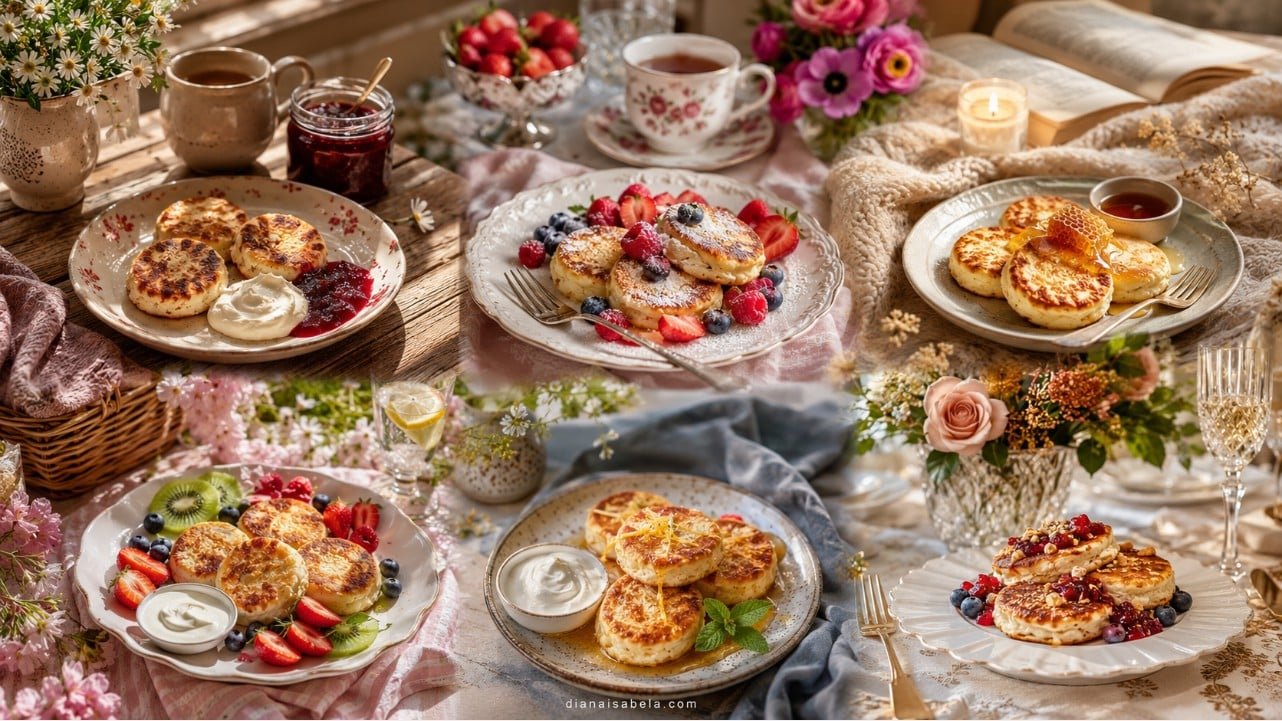 Syrniki served with sour cream, berry jam, honey, fresh berries, tea, flowers and cozy homemade table settings.