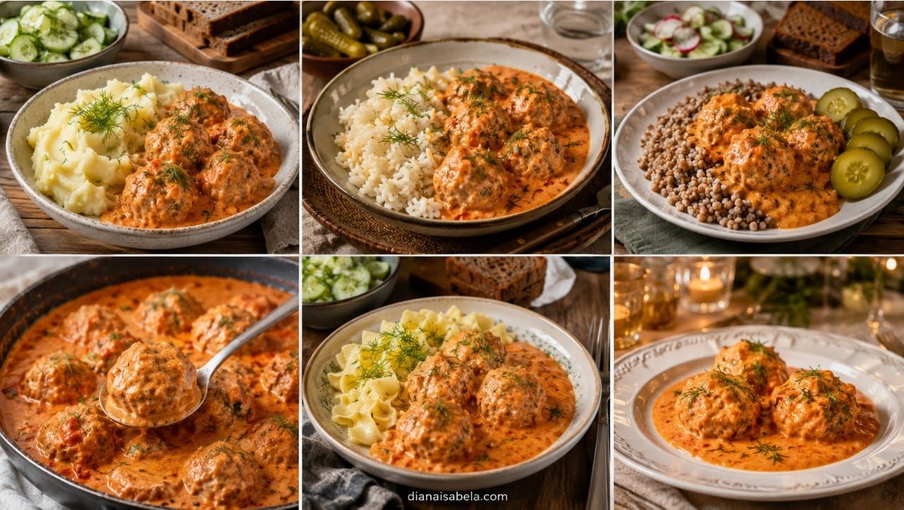 Tefteli in tomato sour cream sauce served with mashed potatoes, rice, buckwheat, noodles and fresh sides.