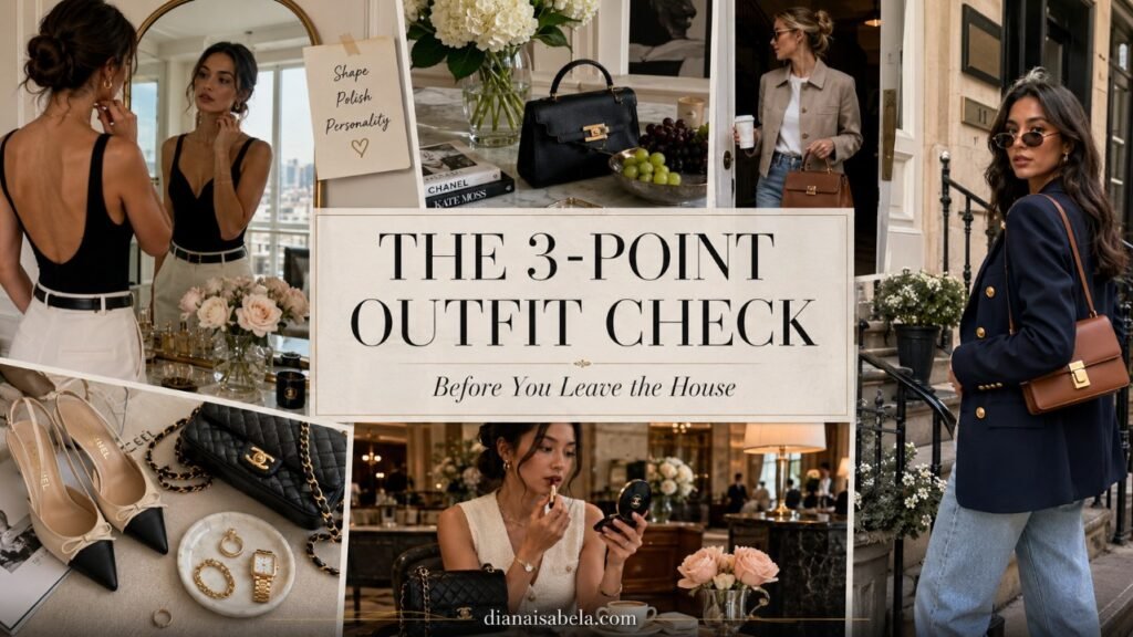 The 3-Point Outfit Check Before You Leave the House 2 Three-point outfit check with mirror styling, polished accessories, structured handbags, outfit shape, personal style, and final fashion details