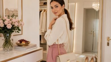 Three-point outfit check with a polished cream blouse, rose trousers, structured handbag, mirror, flowers, fruit, and elegant styling details