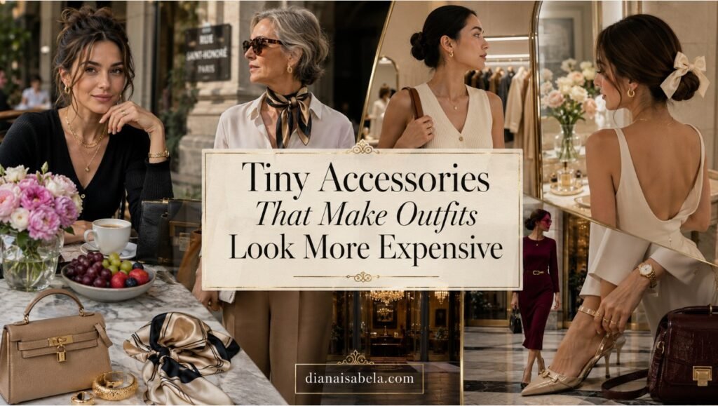 Tiny Accessories That Make Outfits Look More Expensive 2 Tiny accessories that make outfits look more expensive with polished jewelry, structured handbags, silk scarves, sunglasses, belts, and elegant styling details