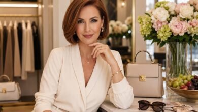 Tiny accessories styled with gold jewelry, a structured handbag, sunglasses, silk scarf, flowers, and elegant outfit details