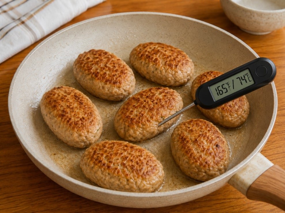 Turkey kotleti checked with a thermometer at 165 degrees Fahrenheit