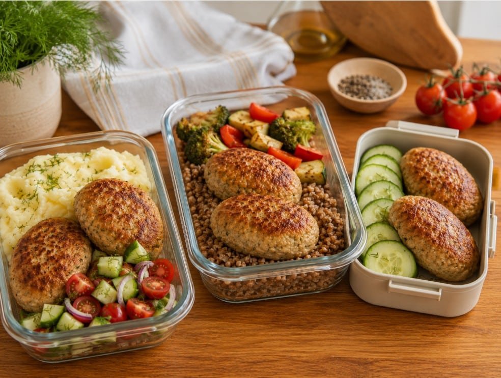 Turkey kotleti meal prep with mashed potatoes, buckwheat, vegetables and lunchbox sides