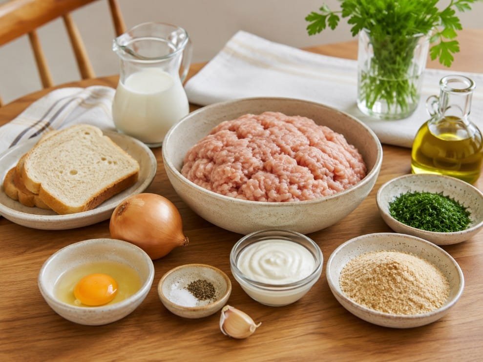 Ingredients for turkey kotleti including ground turkey, bread, milk, onion, egg and sour cream