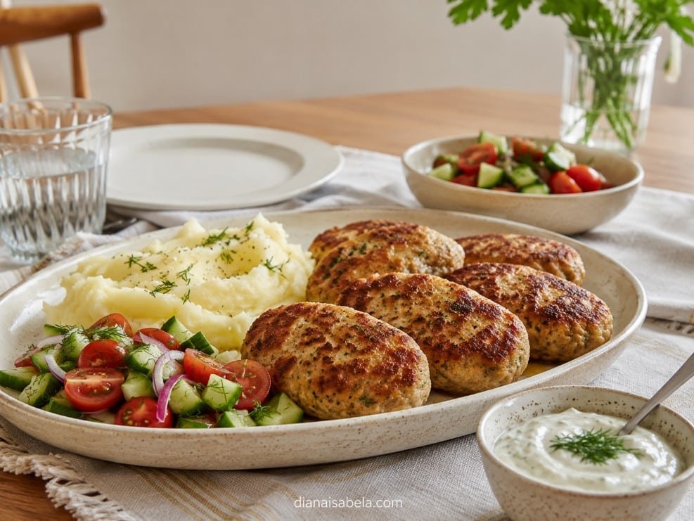 Juicy turkey kotleti served with mashed potatoes, salad and creamy dill sauce