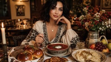 Stylish Ukrainian dinner table with borscht, varenyky, deruny, pampushky, bread, flowers and cozy restaurant atmosphere