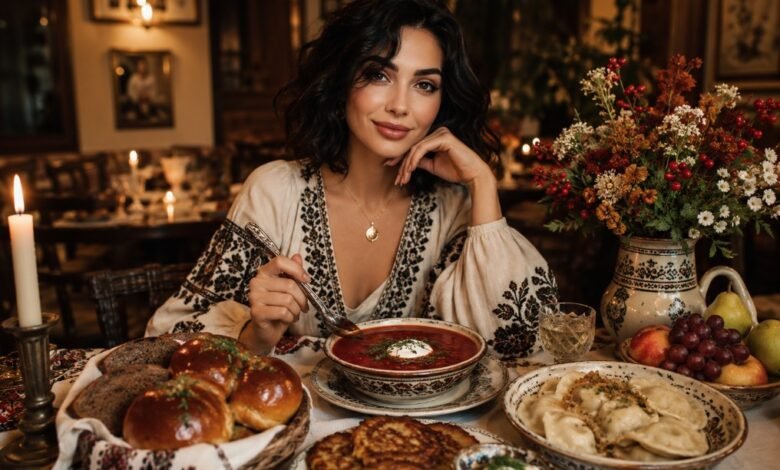 Stylish Ukrainian dinner table with borscht, varenyky, deruny, pampushky, bread, flowers and cozy restaurant atmosphere