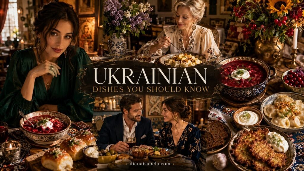 Ukrainian Dishes You Should Know Before Your First Cozy Dinner 2 Stylish Ukrainian food scene with borscht, varenyky, deruny, pampushky, sour cream, bread, flowers and cozy dinner culture