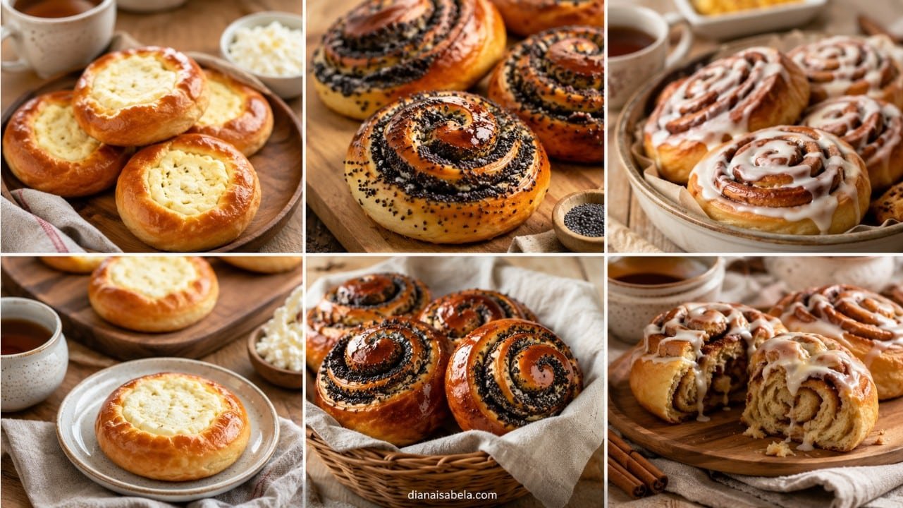 Vatrushki, poppy seed buns and cinnamon buns with cottage cheese filling, poppy seed swirls, icing and tea.