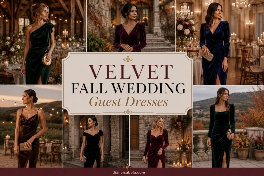 Velvet fall wedding guest dresses in emerald, burgundy, navy, chocolate, and black styled for elegant autumn wedding venues.