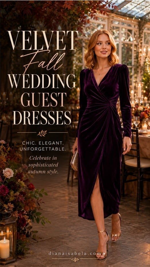 Velvet fall wedding guest dress in deep plum styled for an elegant autumn wedding reception.