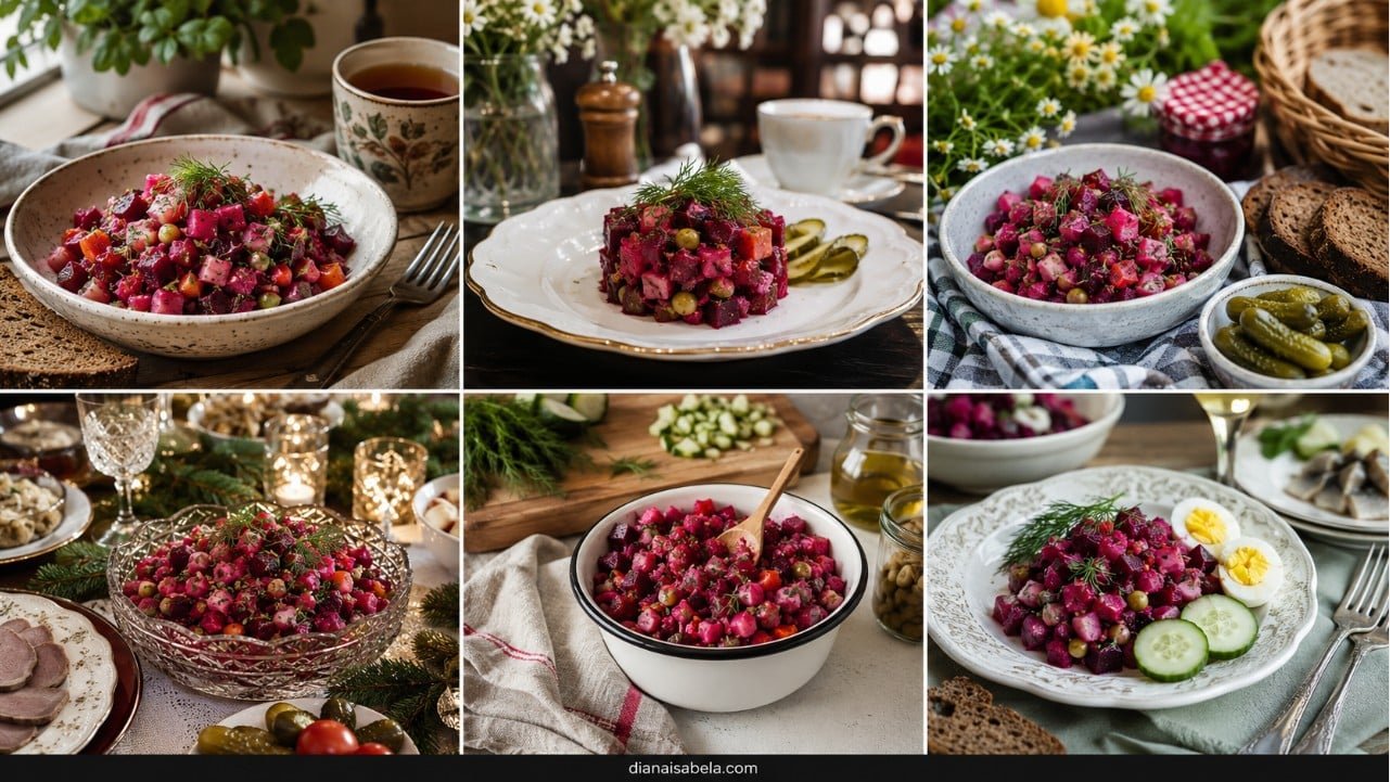 Vinegret beet salad served with rye bread, pickles, eggs, cucumbers and tea.