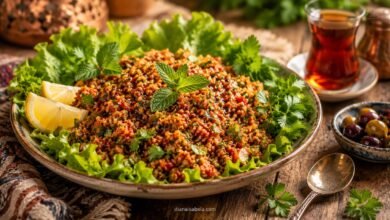 Traditional Turkish kisir bulgur salad served with lettuce, lemon, mint and tea