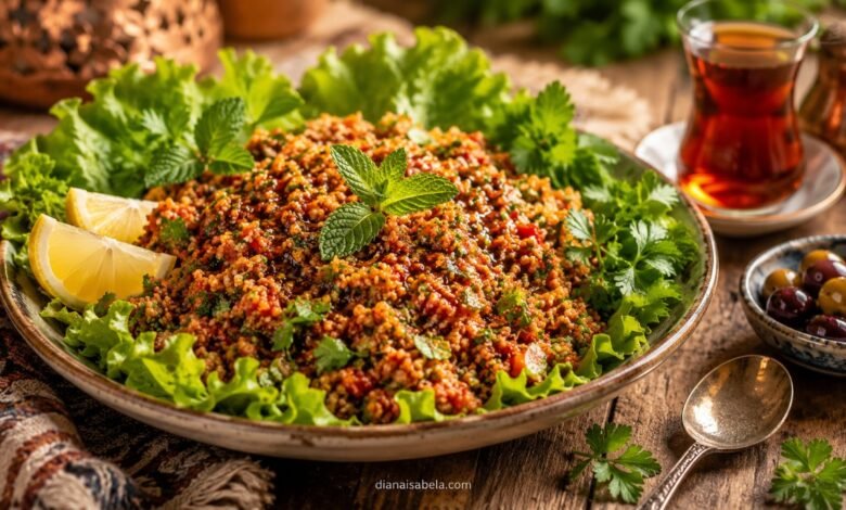 Traditional Turkish kisir bulgur salad served with lettuce, lemon, mint and tea