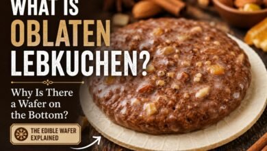 What Is Oblatenlebkuchen? Why Is There a Wafer on the Bottom? 5 Oblatenlebkuchen resting on a thin edible wafer with nuts and candied citrus visible in the soft spiced dough