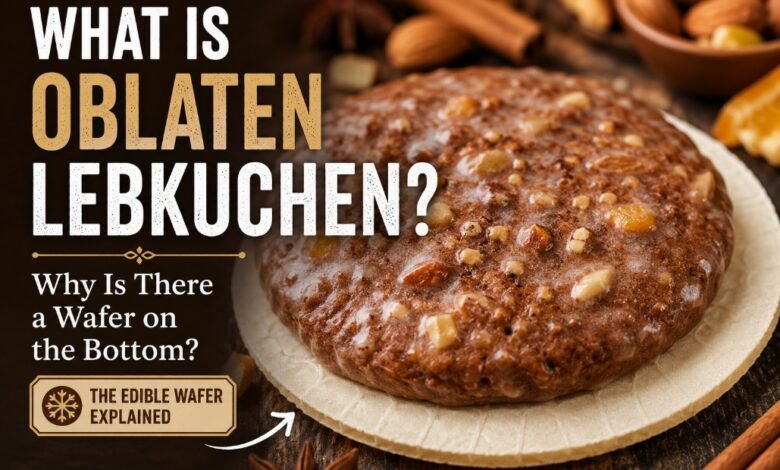 Oblatenlebkuchen resting on a thin edible wafer with nuts and candied citrus visible in the soft spiced dough