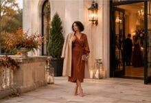 Elegant fall wedding guest in a rust satin midi dress with a tailored camel coat, metallic clutch, and evening heels.