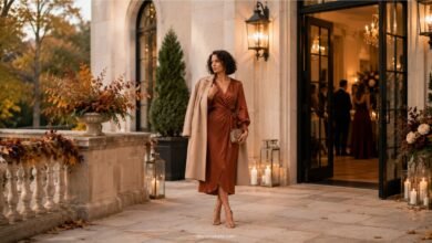 Elegant fall wedding guest in a rust satin midi dress with a tailored camel coat, metallic clutch, and evening heels.