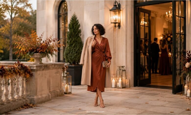 Elegant fall wedding guest in a rust satin midi dress with a tailored camel coat, metallic clutch, and evening heels.