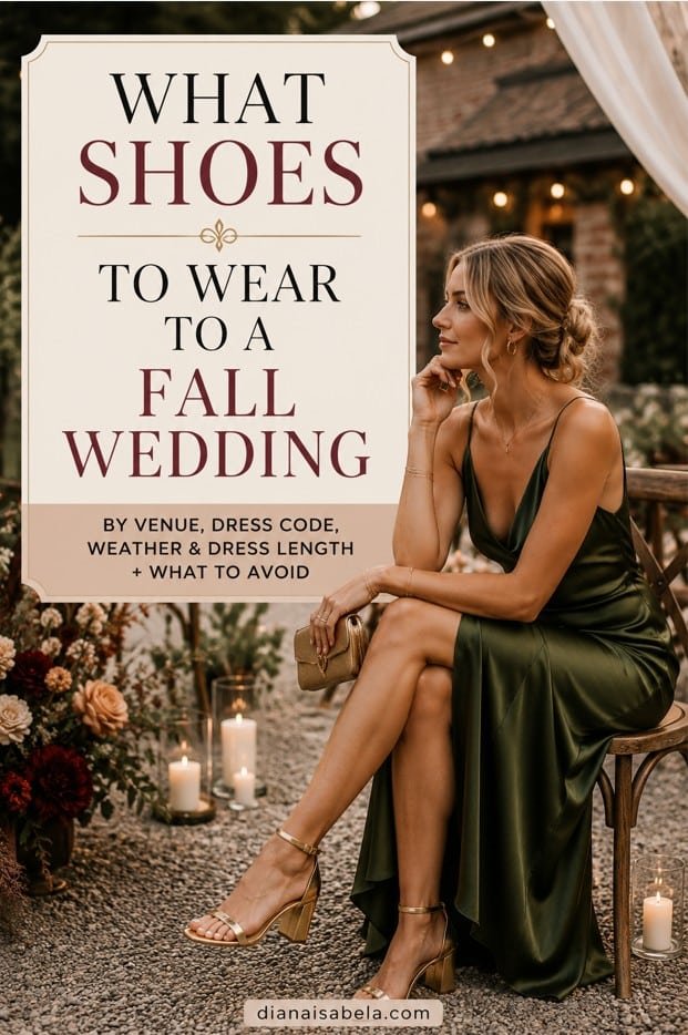 Fall wedding guest shoe guide with gold block heels, an olive satin dress, and elegant autumn wedding styling.