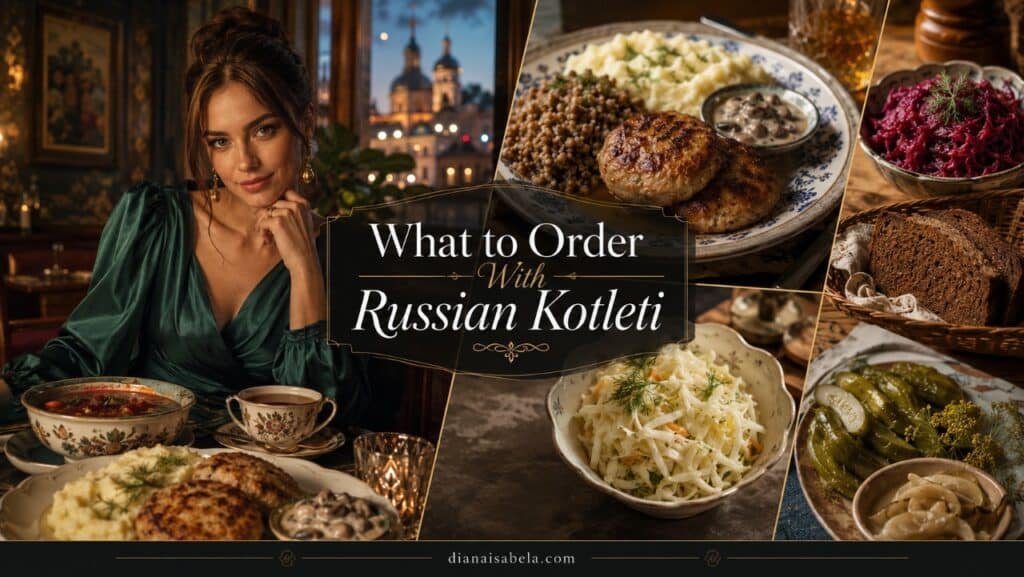 What to order with Russian kotleti guide featuring kotleti, buckwheat, mashed potatoes, mushroom sauce, cabbage salad, beet salad, pickles, rye bread, soup and tea