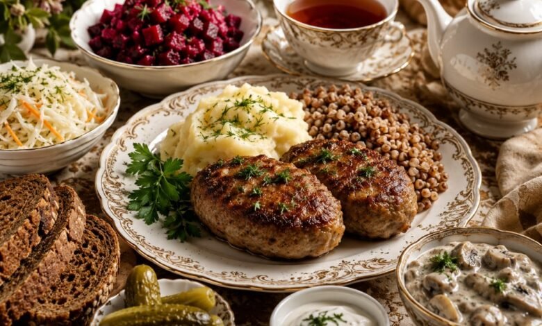 Russian kotleti dinner with mashed potatoes, buckwheat, beet salad, cabbage salad, mushroom sauce, sour cream, pickles, rye bread and tea