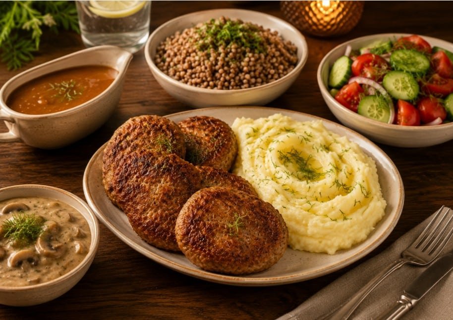 Kotleti served with mashed potatoes, buckwheat, vegetables, salads and sauces