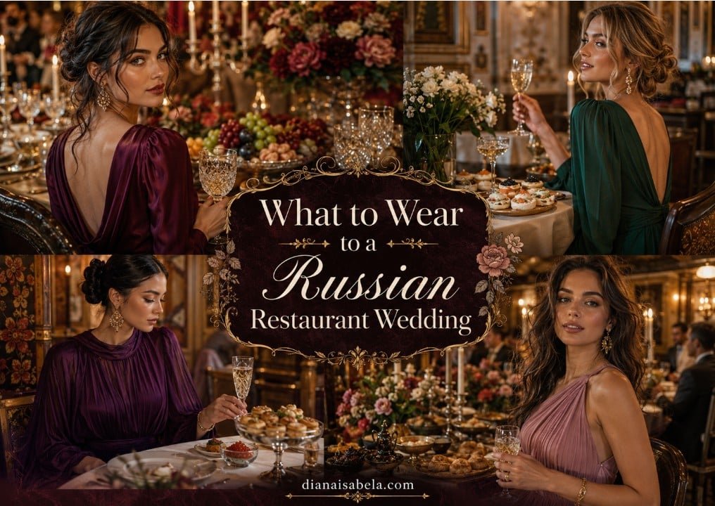 Elegant wedding guest outfit ideas for a Russian restaurant wedding with satin dresses, candlelit tables, flowers, champagne, caviar bites and festive dinner style
