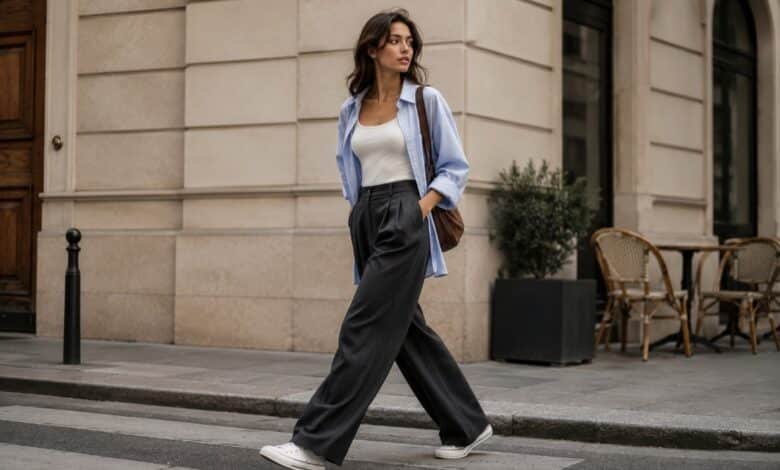 Woman styling white canvas sneakers with charcoal wide-leg trousers, a white tank and an oversized blue shirt for a polished city outfit