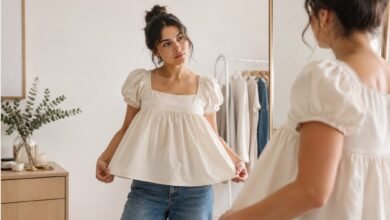 Woman checking the fit of a white babydoll top with jeans in front of a mirror to understand why the silhouette looks frumpy