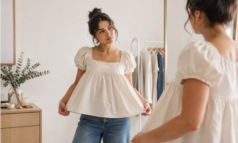 Woman checking the fit of a white babydoll top with jeans in front of a mirror to understand why the silhouette looks frumpy