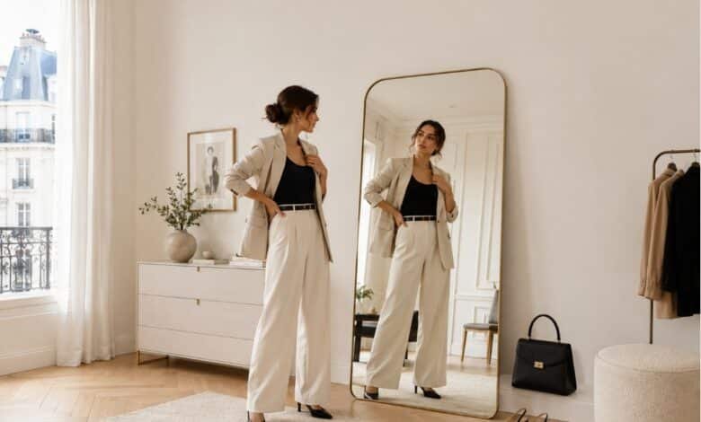 Woman checking outfit proportions in a mirror to understand why the look feels unbalanced