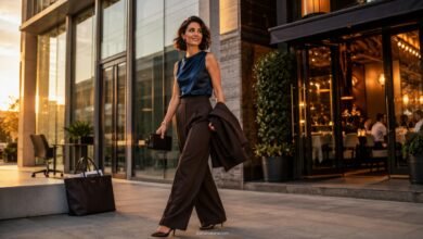 Stylish work-to-dinner outfit with dark chocolate trousers, a petrol-blue satin top, tailored blazer, low heels, and evening bag.