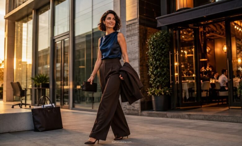 Stylish work-to-dinner outfit with dark chocolate trousers, a petrol-blue satin top, tailored blazer, low heels, and evening bag.
