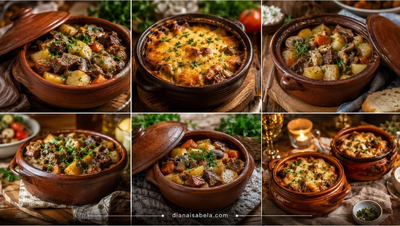 Zharkoye in clay pots with beef, potatoes, mushrooms, carrots, herbs and creamy baked topping.