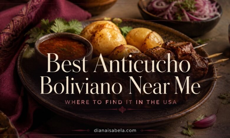 Bolivian anticuchos with grilled beef heart, potatoes and spicy sauce for a guide to finding anticucho in the USA