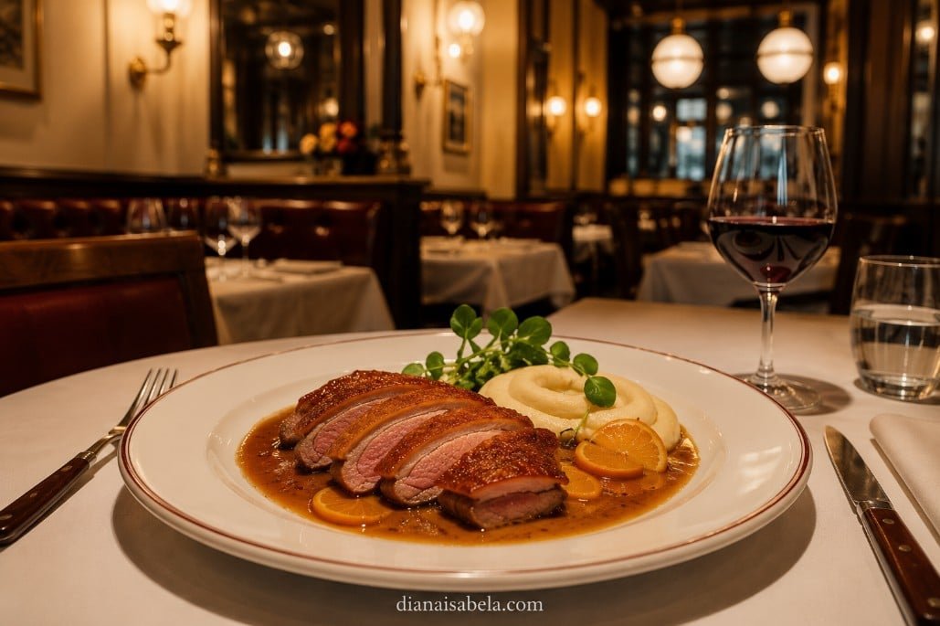Duck à l’orange served in an elegant French restaurant in the USA