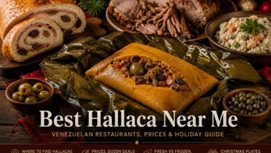 Venezuelan hallaca with meat filling, olives, capers and raisins served with pan de jamón, pernil and ensalada de gallina