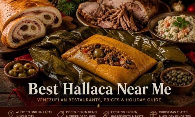 Venezuelan hallaca with meat filling, olives, capers and raisins served with pan de jamón, pernil and ensalada de gallina