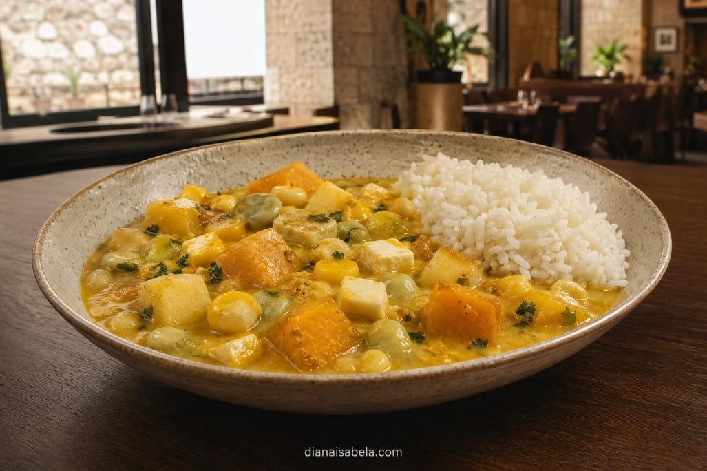 Peruvian locro de zapallo with squash, potatoes, Peruvian corn, beans, fresh cheese and rice