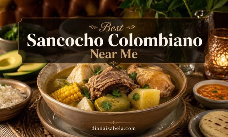 Colombian sancocho with beef, chicken, yuca, plantain, corn, rice, avocado and arepa