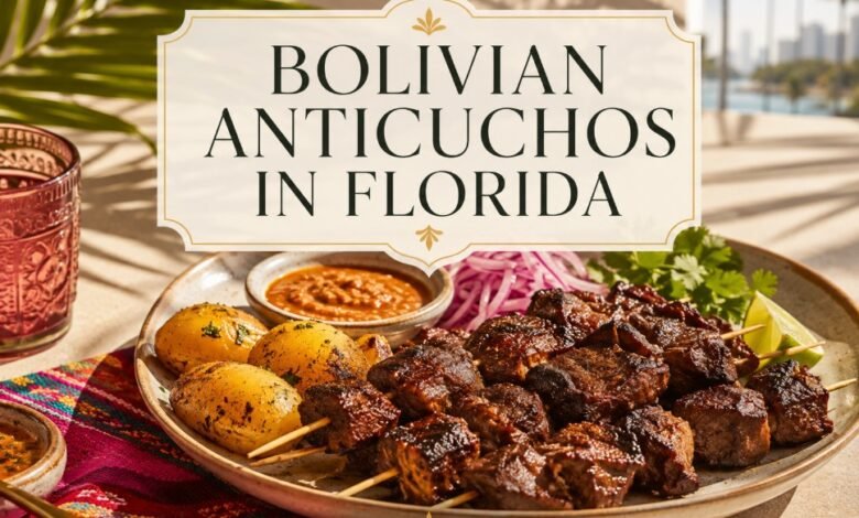 Bolivian anticuchos with grilled beef heart, golden potatoes and spicy sauce in Florida