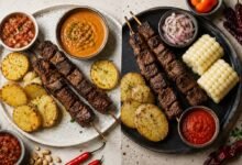 Bolivian and Peruvian beef heart anticuchos with potatoes, peanut sauce, choclo and chile sauces