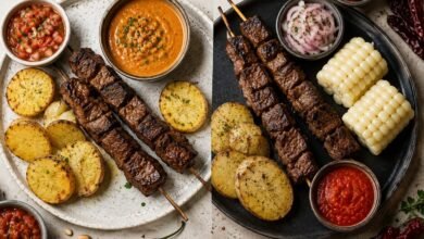 Bolivian and Peruvian beef heart anticuchos with potatoes, peanut sauce, choclo and chile sauces