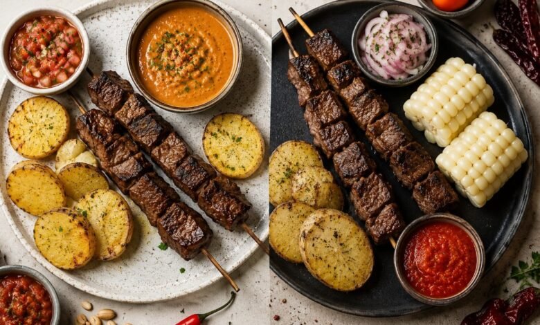 Bolivian and Peruvian beef heart anticuchos with potatoes, peanut sauce, choclo and chile sauces