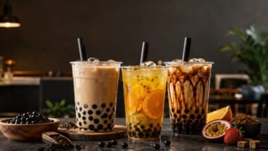 Bubble tea drinks with milk tea, fruit tea and brown sugar boba in a stylish café