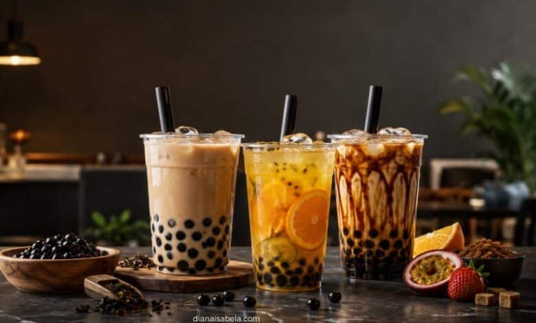 Bubble tea drinks with milk tea, fruit tea and brown sugar boba in a stylish café
